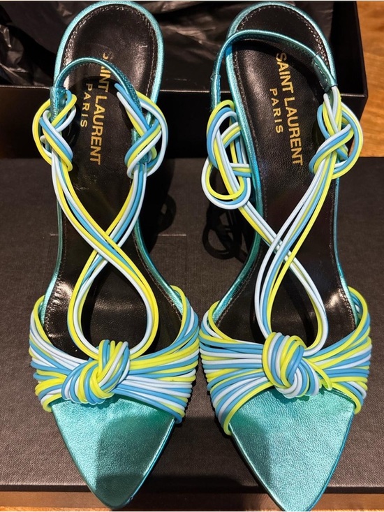 Yves Saint Laurent Shoes - Yves Saint Laurent Turquoise Multicolor Knot-Strap Heels
